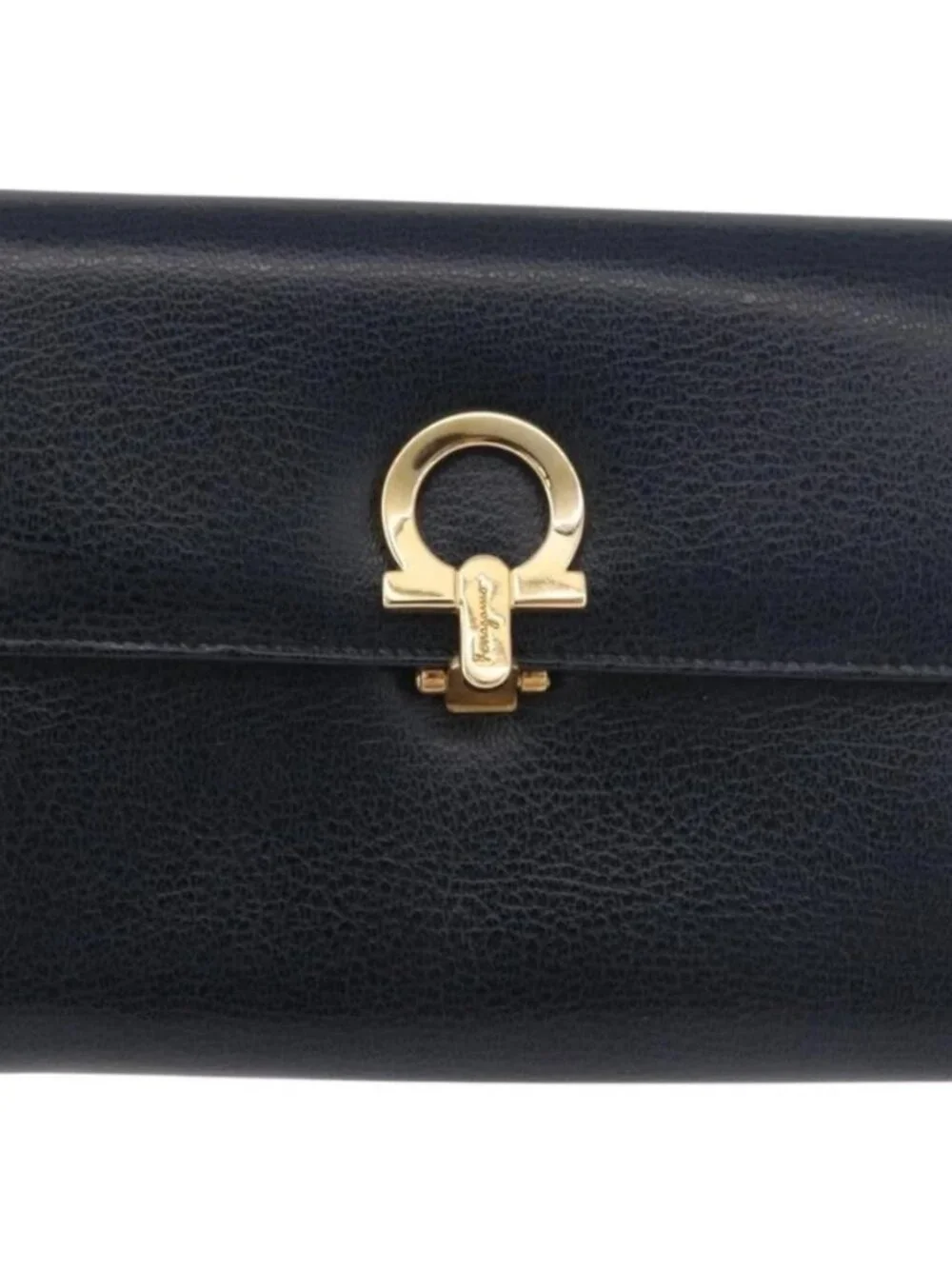 Salvatore Ferragamo Gancini Pouch Leather Navy Gold Auth BA13433A
